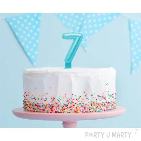 swieczka na tort cyfra 7 wypustki niebieska jasna perlowa godan 7 cm