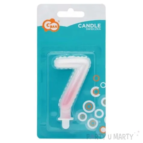 swieczka na tort cyfra 7 wypustki ombre bialo rozowa perlowa godan 7 cm