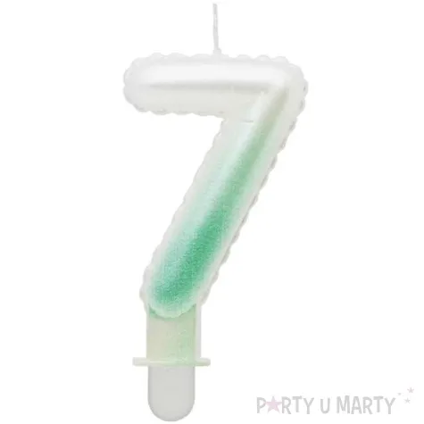 swieczka na tort cyfra 7 wypustki ombre bialo zielona perlowa godan 7 cm