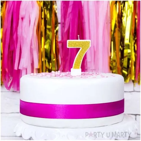 swieczka na tort cyfra 7 zlota brokatowa partydeco 7 cm