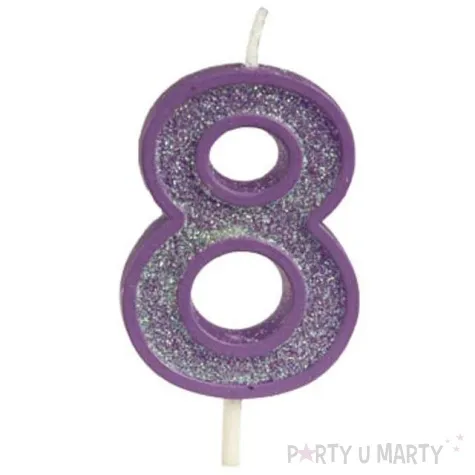 swieczka na tort cyfra 8 brokat fioletowa guirca 4 cm