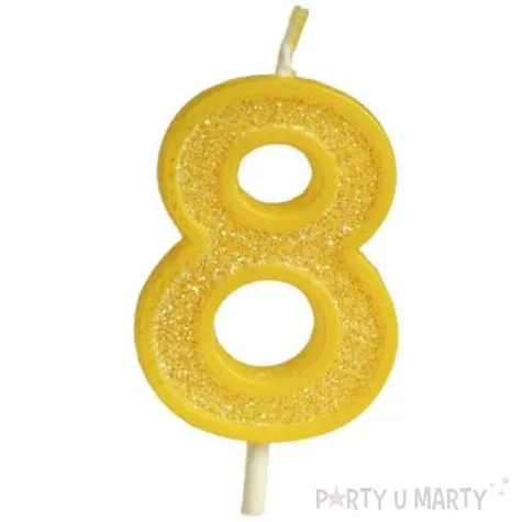 swieczka na tort cyfra 8 brokat zolta guirca 4 cm