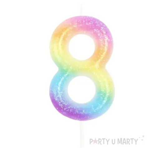 swieczka na tort cyfra 8 brokatowa teczowa partypal 6 cm