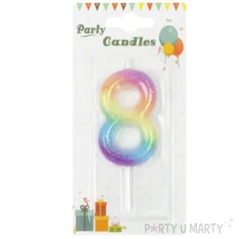 swieczka na tort cyfra 8 brokatowa teczowa partypal 6 cm