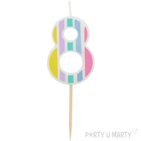 swieczka na tort cyfra 8 pastelowe paski mix folat 5 cm