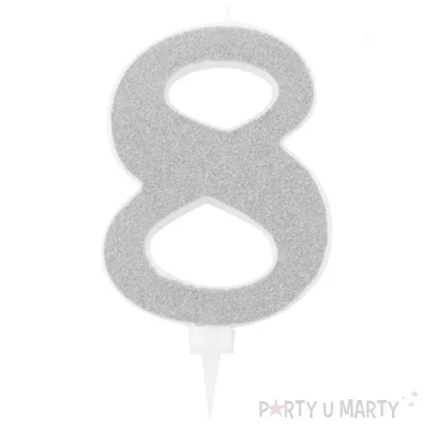 swieczka na tort cyfra 8 srebrna brokatowa givi 15 5 cm