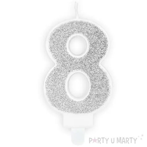 swieczka na tort cyfra 8 srebrna brokatowa partydeco 7 cm