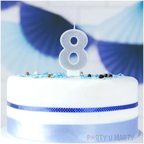 swieczka na tort cyfra 8 srebrna brokatowa partydeco 7 cm