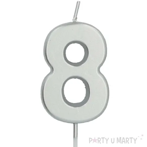 swieczka na tort cyfra 8 srebrna folat 8 cm