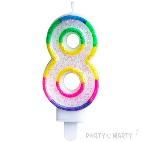 swieczka na tort cyfra 8 teczowa brokatowa kraszek 7 cm