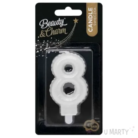 swieczka na tort cyfra 8 wypustki biala perlowa godan 7 cm