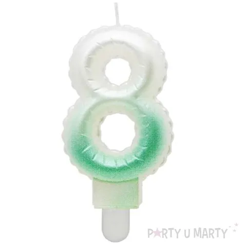 swieczka na tort cyfra 8 wypustki ombre bialo zielona perlowa godan 7 cm