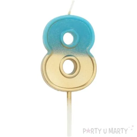 swieczka na tort cyfra 8 zloto niebieska folat 5 cm