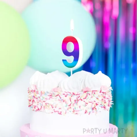 swieczka na tort cyfra 9 blyszczaca teczowy partypal 5 cm