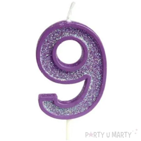 swieczka na tort cyfra 9 brokat fioletowa guirca 4 cm
