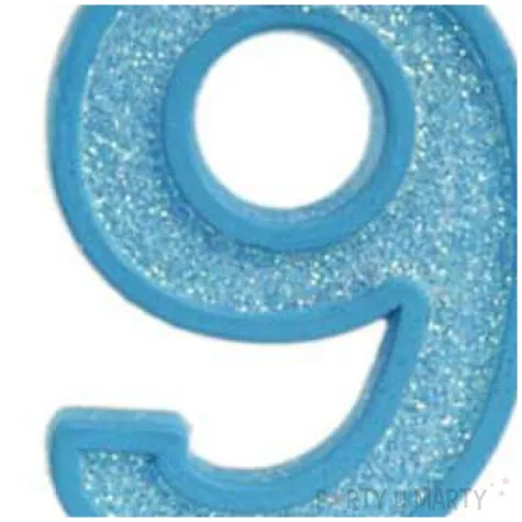 swieczka na tort cyfra 9 brokat niebieska guirca 4 cm