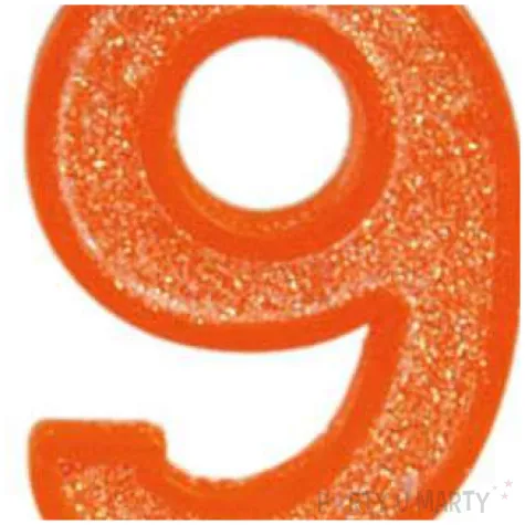 swieczka na tort cyfra 9 brokat pomaranczowa guirca 4 cm