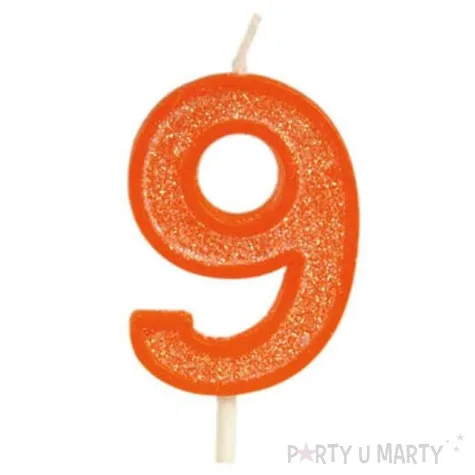 swieczka na tort cyfra 9 brokat pomaranczowa guirca 4 cm