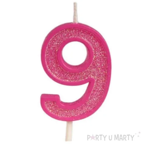 swieczka na tort cyfra 9 brokat rozowa guirca 4 cm