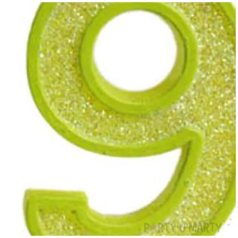 swieczka na tort cyfra 9 brokat zielona guirca 4 cm