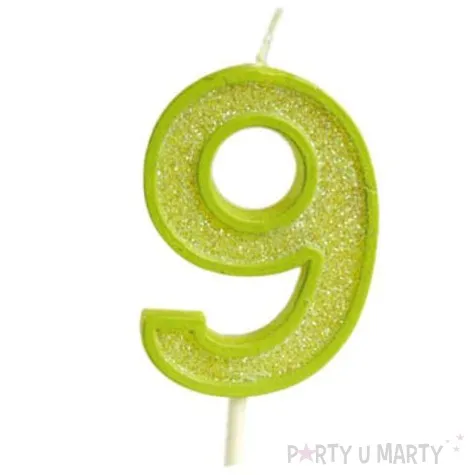 swieczka na tort cyfra 9 brokat zielona guirca 4 cm