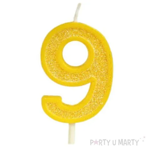 swieczka na tort cyfra 9 brokat zolta guirca 4 cm