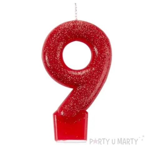 swieczka na tort cyfra 9 brokatowa czerwona amscan