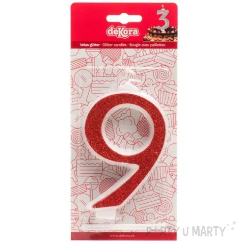 swieczka na tort cyfra 9 czerwona brokatowa dekora