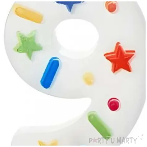swieczka na tort cyfra 9 konfetti bialy partydeco 10 cm