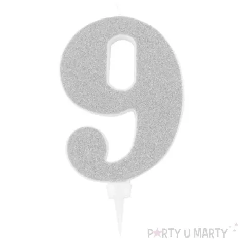 swieczka na tort cyfra 9 srebrna brokatowa givi 15 5 cm