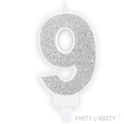 swieczka na tort cyfra 9 srebrna brokatowa partydeco 7 cm