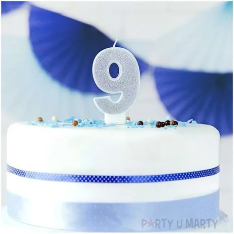 swieczka na tort cyfra 9 srebrna brokatowa partydeco 7 cm