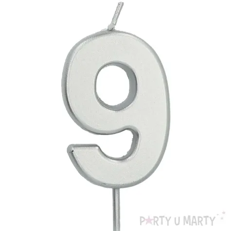 swieczka na tort cyfra 9 srebrna folat 8 cm