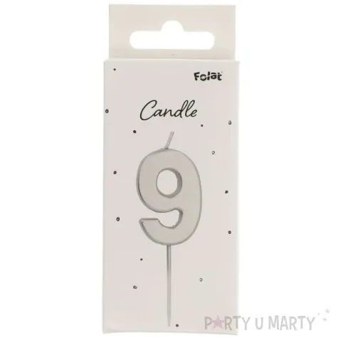 swieczka na tort cyfra 9 srebrna folat 8 cm