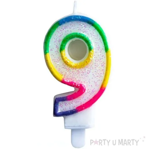 swieczka na tort cyfra 9 teczowa brokatowa kraszek 7 cm