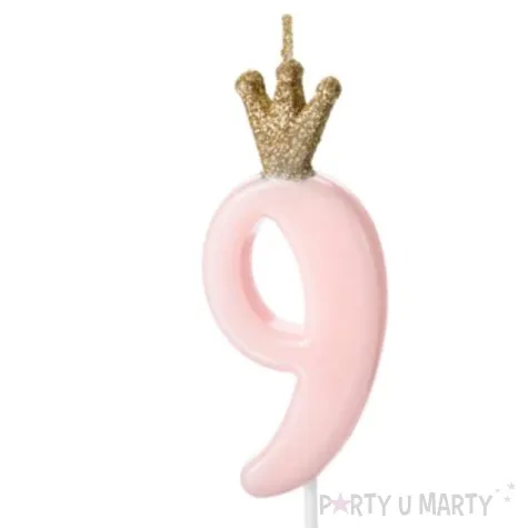 swieczka na tort cyfra 9 w koronie rozowa jasna partydeco 9 5 cm