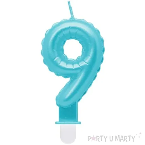 swieczka na tort cyfra 9 wypustki niebieska jasna perlowa godan 7 cm