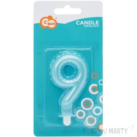 swieczka na tort cyfra 9 wypustki niebieska jasna perlowa godan 7 cm