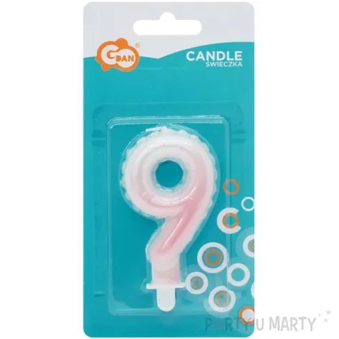 swieczka na tort cyfra 9 wypustki ombre bialo rozowa perlowa godan 7 cm