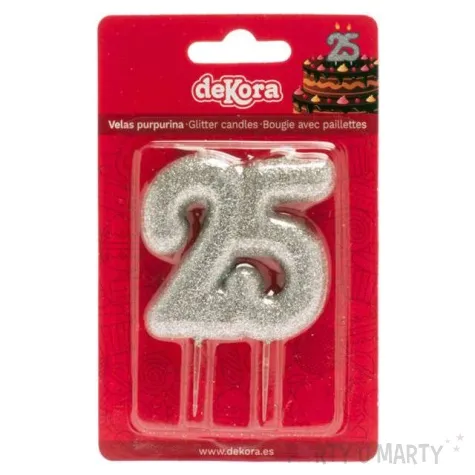 swieczka na tort liczba 25 srebrna dekora 8 cm