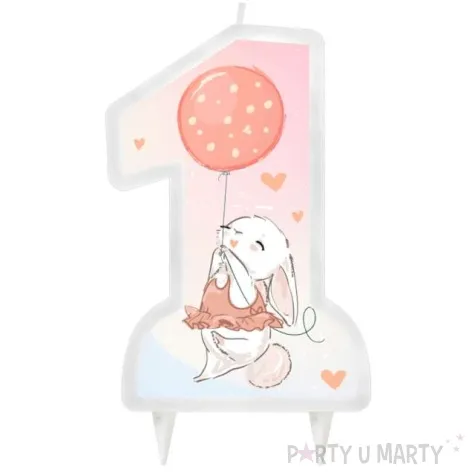 swieczka na tort roczek cyferka 1 z kroliczkiem rozowa godan