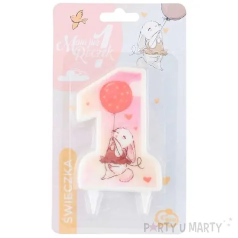 swieczka na tort roczek cyferka 1 z kroliczkiem rozowa godan