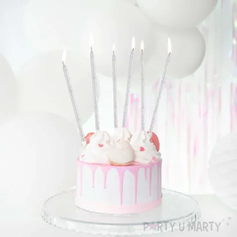 swieczki na tort brokatowe srebrny partypal 6 szt