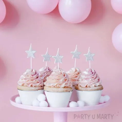 swieczki na tort gwiazdki srebrne partydeco 5 szt