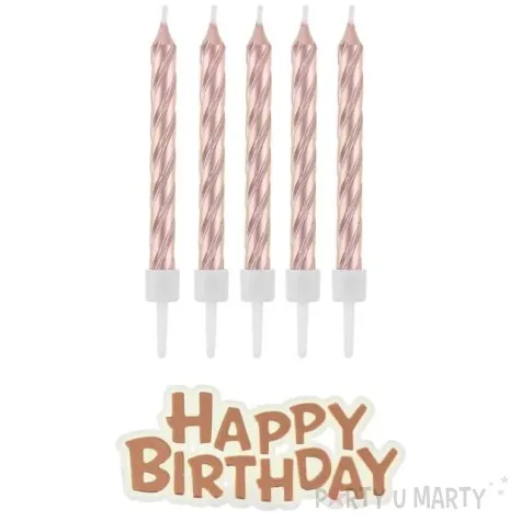 swieczki na tort happy birthday zakrecone rozowe zloto godan 8 cm 16 szt