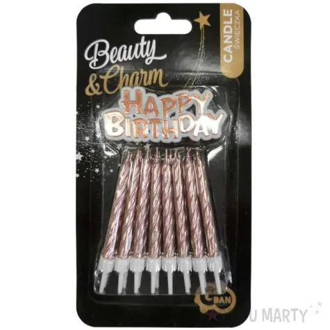 swieczki na tort happy birthday zakrecone rozowe zloto godan 8 cm 16 szt