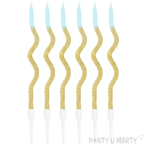swieczki na tort spiralne ombre zloty brokat i blekitny partypal 6 szt