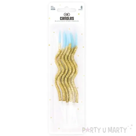 swieczki na tort spiralne ombre zloty brokat i blekitny partypal 6 szt