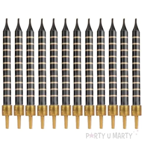 swieczki na tort zlote paski czarne partypal 12 szt