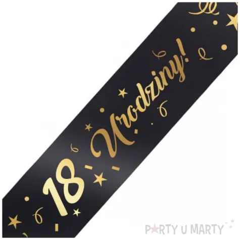 szarfa urodzinowa 18 urodziny glamour czarno zlota 160 cm